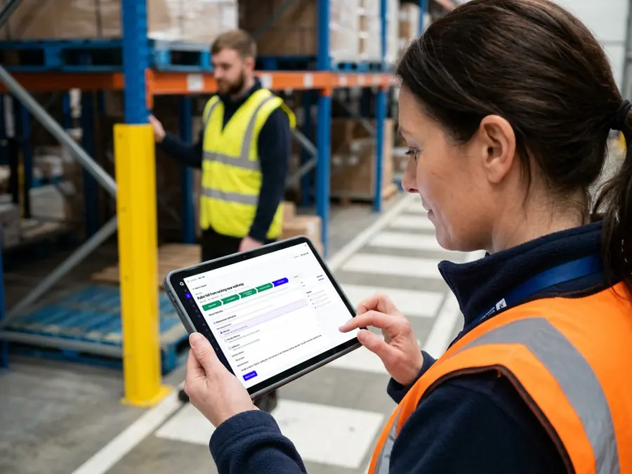 A supervisor in hi-vis signing off an incident on a tablet in IntegriQ, while an operative stands by the repaired racking behind her.