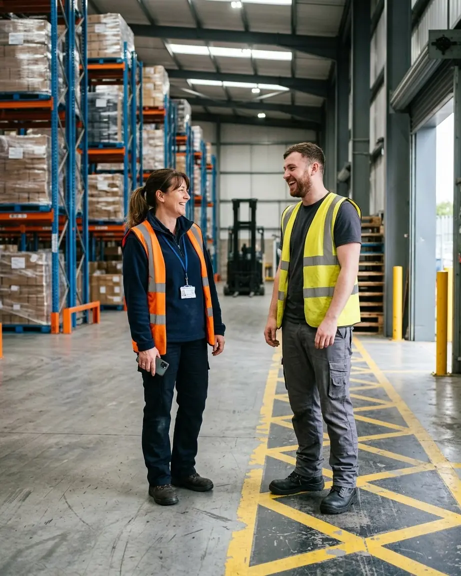A safety lead and a warehouse operative laughing together beside a marked walkway on a warehouse floor.