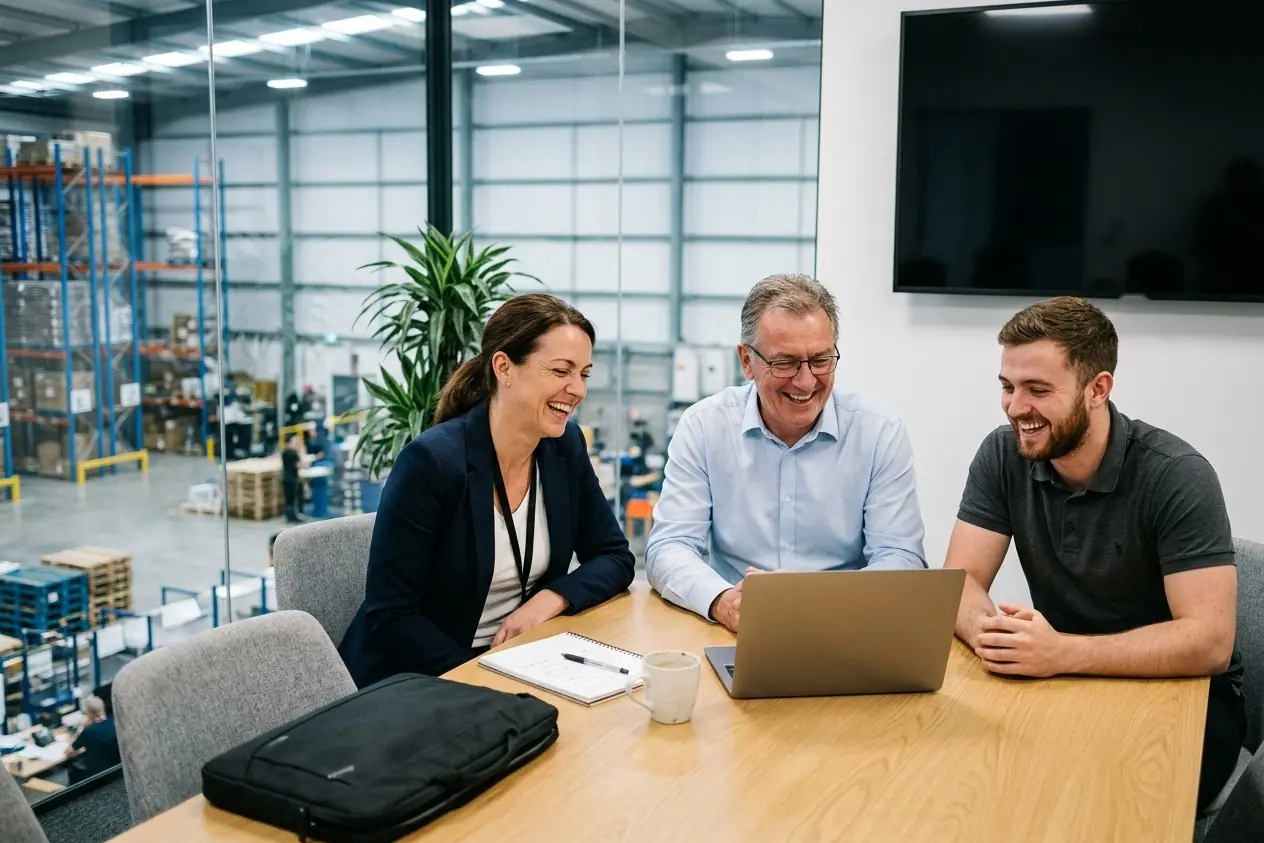 Three colleagues laughing round a laptop in a meeting room that overlooks the warehouse floor.