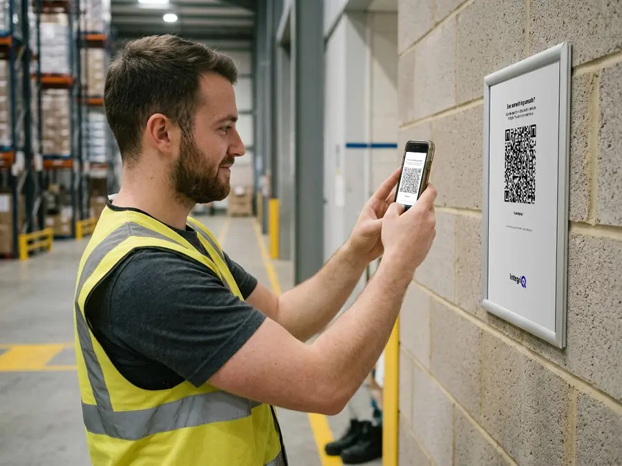 A warehouse operative in hi-vis scanning the QR poster on the wall with his phone.